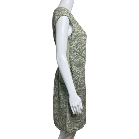 Lina Tomei Dress Women Medium Green Cream Geometric 100% Linen Shift Casual Work - Picture 2 of 9